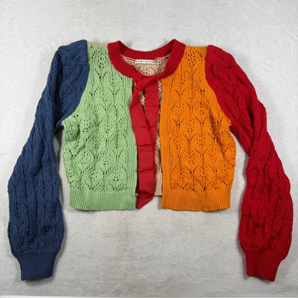 Alice + Olivia Colorblock Cable Knit Tie Front Cardigan CC202546705 Multicolor M